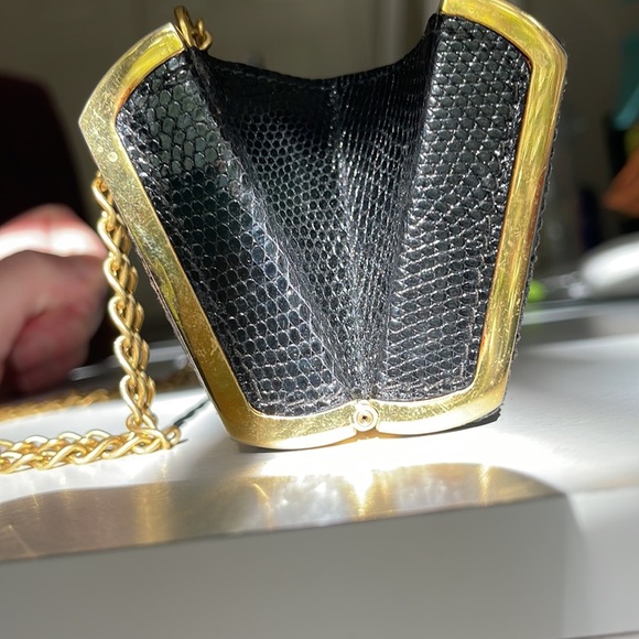 Gucci Lizard Skin RARE Evening Bag / Minaudière Purse on Gold Tone Chain Vintage - Picture 9 of 12